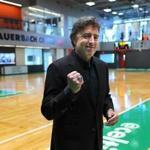 Brighton- 06/19/18- Boston Celtics CEO Wyc Grousbeck pumps his fist with a Celtics championship ring on his finger as he walks across the new court , as the Boston Celtics held a grand opening of their new practice facilty, the Auerbach Center on Guest Street. Photo by John Tlumacki/Globe Staff(lmetro)