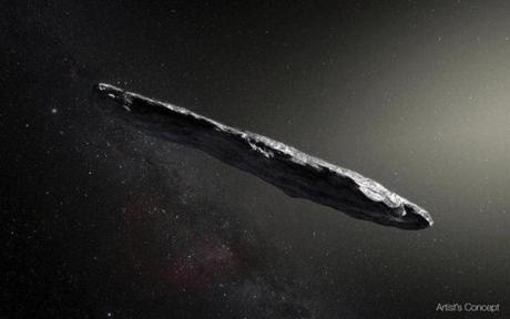 This artist's rendering shows the first interstellar asteroid: 'Oumuamua. This unique object was discovered on Oct. 19, 2017 by the Pan-STARRS 1 telescope in Hawaii. The University of Toronto's Alan Jackson reported Monday, March 19, 2018, that the asteroid ? the first confirmed object in our solar system originating elsewhere ? is probably from a binary star system. That's where two stars orbit a common center. According to Jackson and his team, the asteroid was likely ejected from its system as planets formed. (M. Kornmesser/European Southern Observatory via AP)
