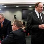 From left: Democratic Senator Dick Durbin of Illinois with Democratic Senator Jon Tester of Montana while Republican Senator Richard Shelby of Alabama spoketo an aide before the start of a Homeland Security Appropriations Conference Committee meeting Jan 30.