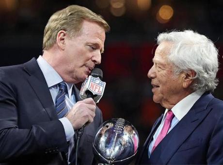 Patriots owner Robert Kraft (right) will almost certainly be penalized by NFL commissioner Roger Goodell.
