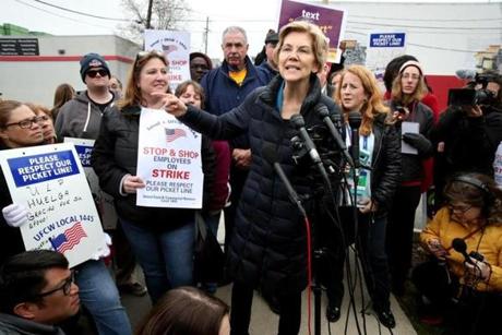 Senator Elizabeth Warren addressed the media and Stop & Shop workers on the picket line at the Stop & Shop in Somerville on Friday.
