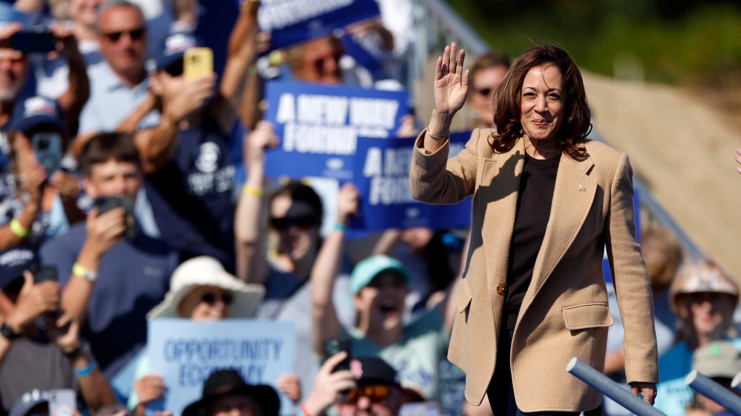 U.S. Vice President and Democratic presidential candidate Kamala Harris walked onto the stage during a campaign event at Throwback Brewery in North Hampton, N.H, on Wednesday.