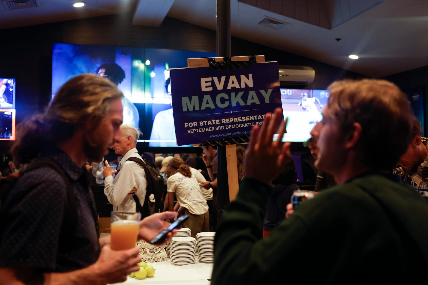 Supporters gathered for Evan MacKay’s election night party in Cambridge on Tuesday.