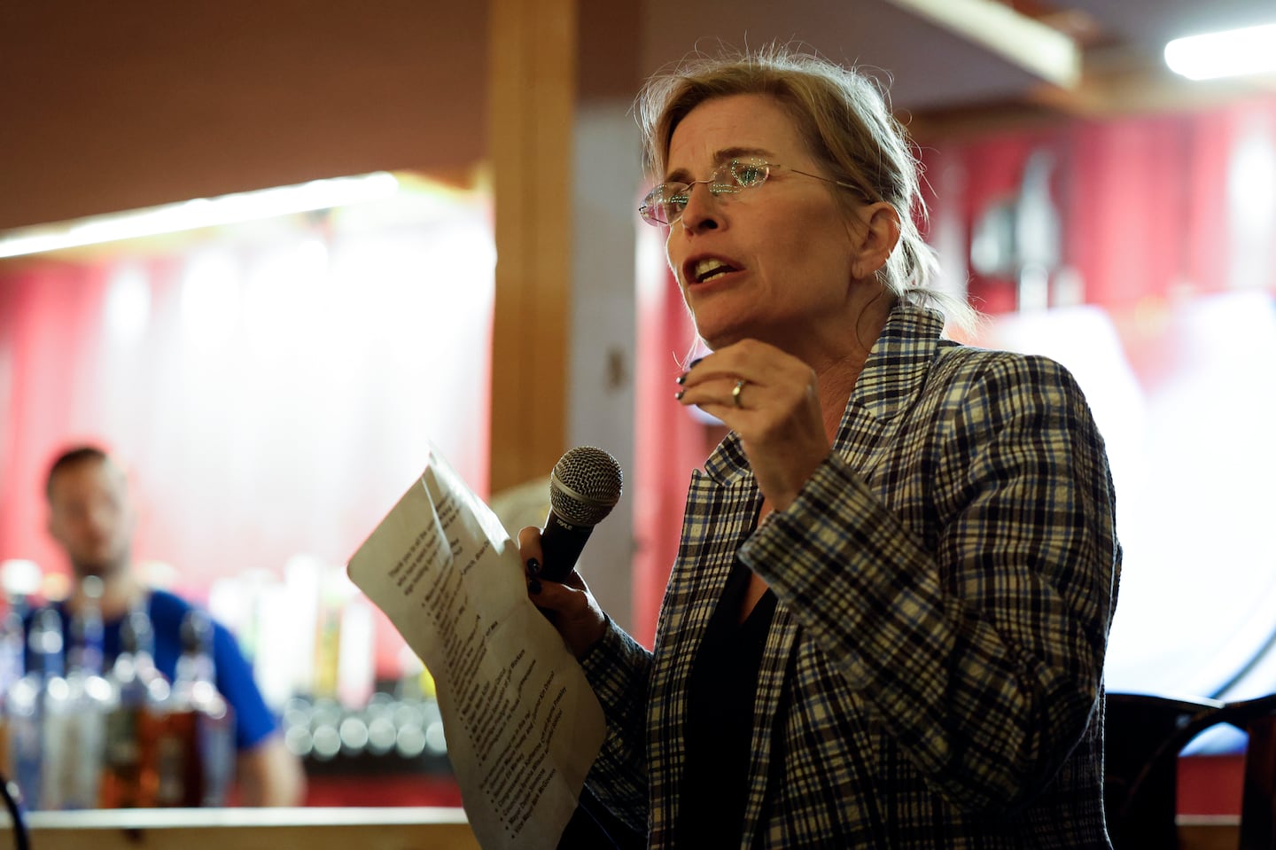 Marjorie Decker spoke in Cambridge on Tuesday night.