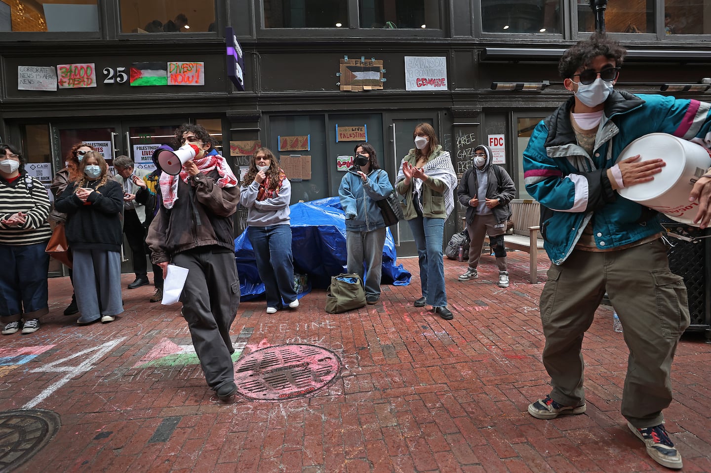 Students demonstrated in an alley near Emerson College in April.