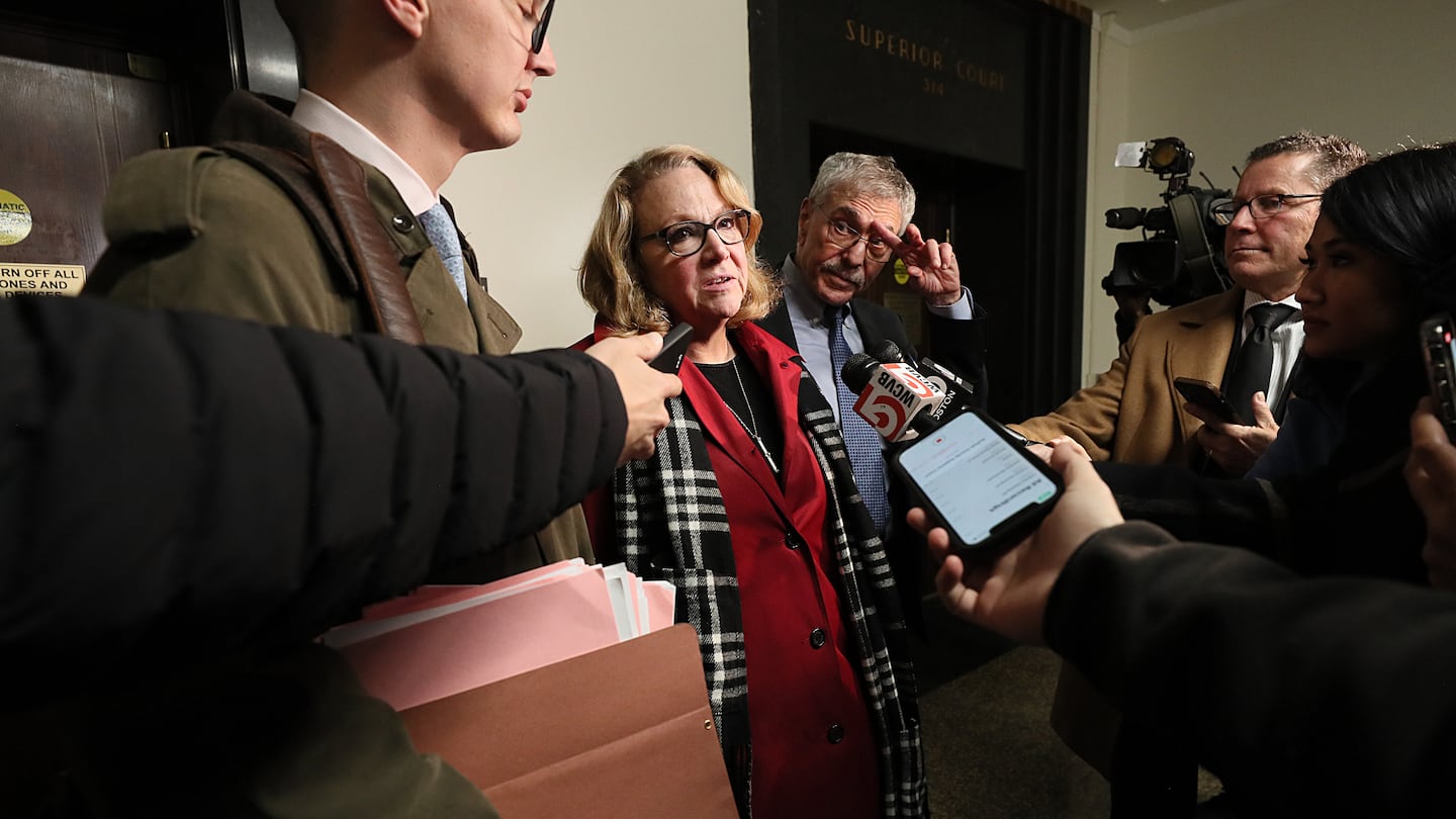 Massachusetts Cannabis Control Commission chairwoman Shannon O'Brien, center, in Suffolk Superior Court on Dec. 4, 2023.