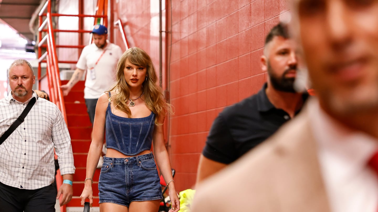 Taylor Swift walks into Arrowhead Stadium in Kansas City rocking a denim fit.