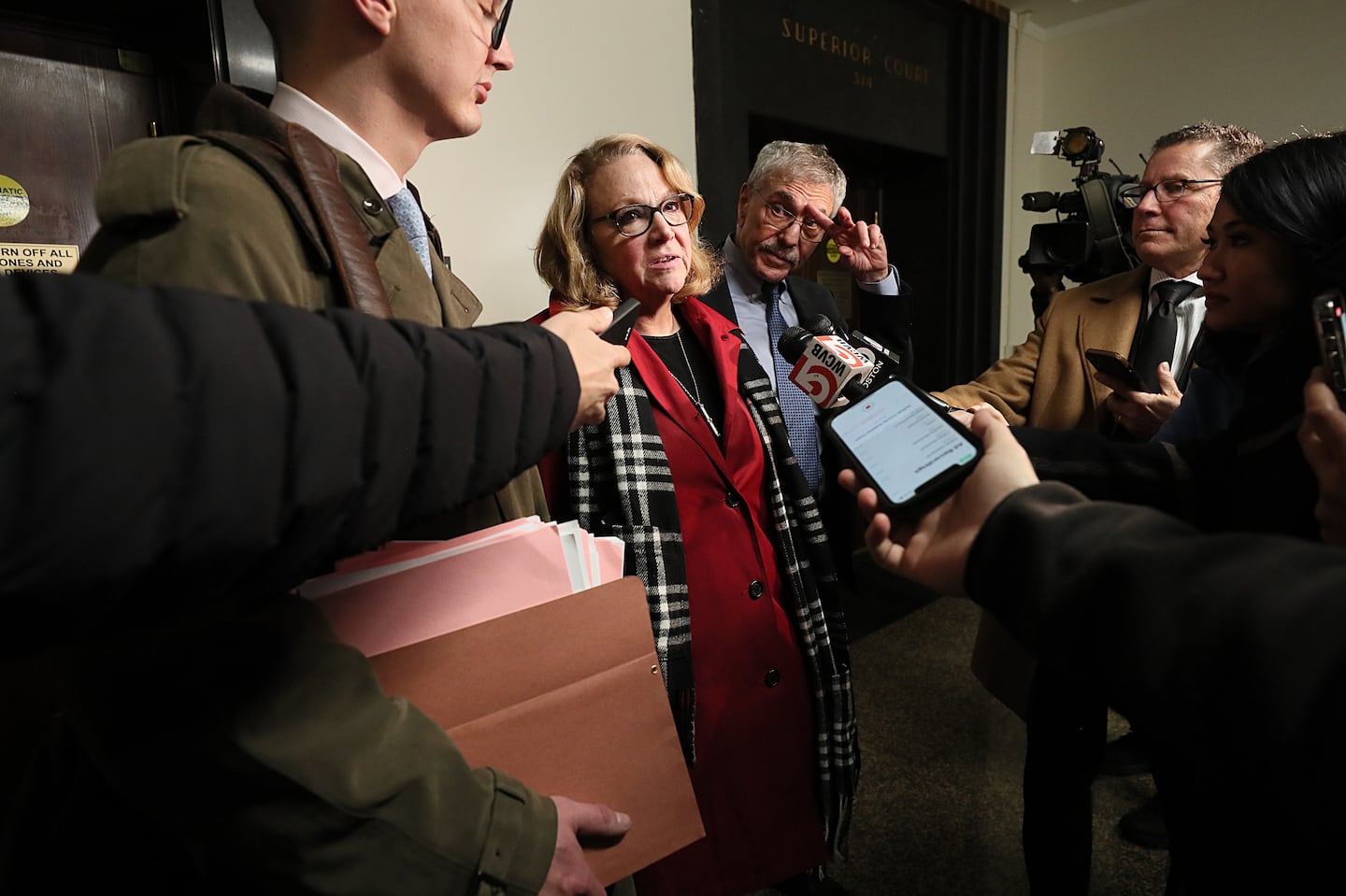 Massachusetts Cannabis Control Commission chairwoman Shannon O'Brien, center, in Suffolk Superior Court on Dec. 4, 2023.