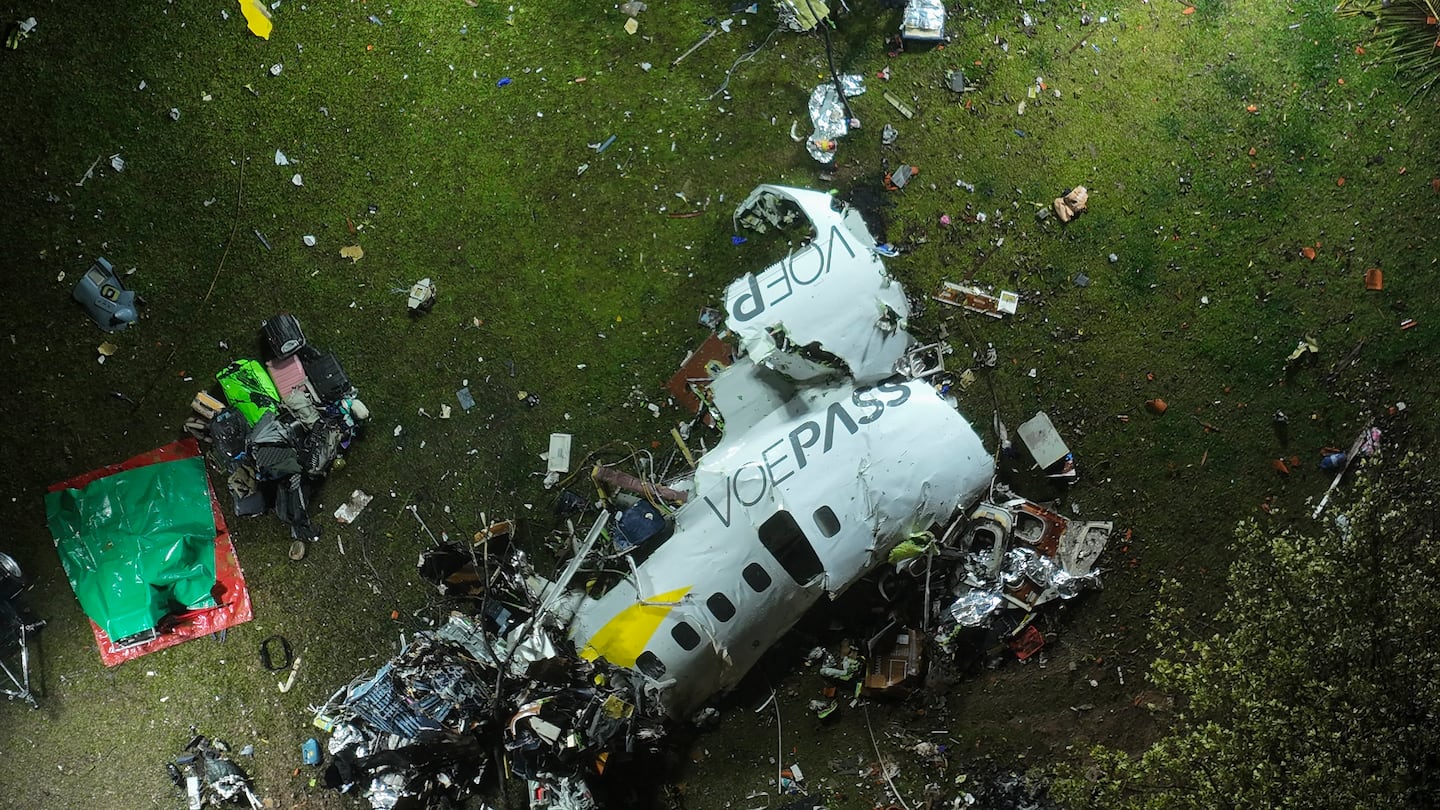 The debris at the site where an airplane crashed in Vinhedo, Sao Paulo state, Brazil, on Saturday, Aug. 10.