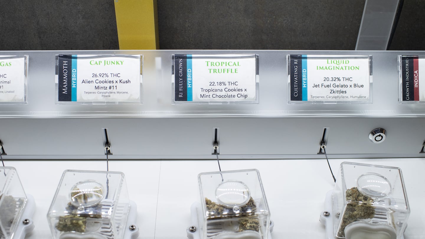 Buds of the cannabis strains being offered at Mother Earth Wellness, a medical and recreational dispensary, in Pawtucket, R.I.