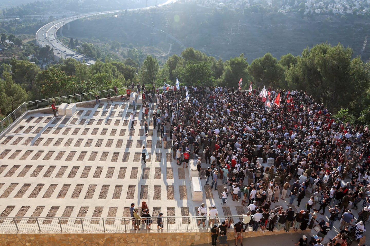 Mourners gathered for the burial of killed American Israeli hostage Hersh Goldberg-Polin, whose body was recovered with five other hostages in Gaza, during the funeral at Givat Shaul cemetery in Jerusalem on Sept. 2.