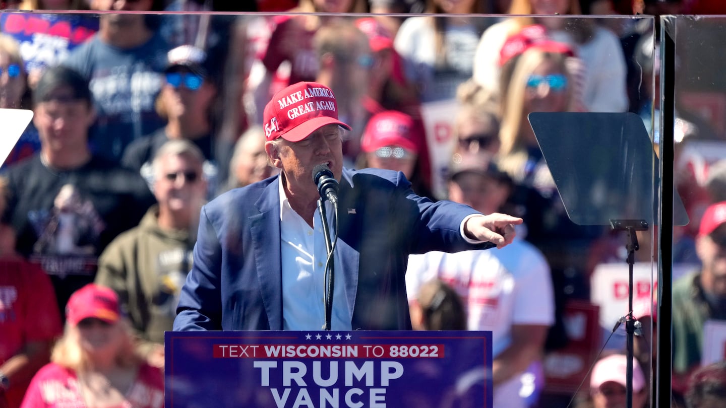 Republican presidential nominee former President Donald Trump speaks during a campaign event at Central Wisconsin Airport, Saturday, Sept. 7.