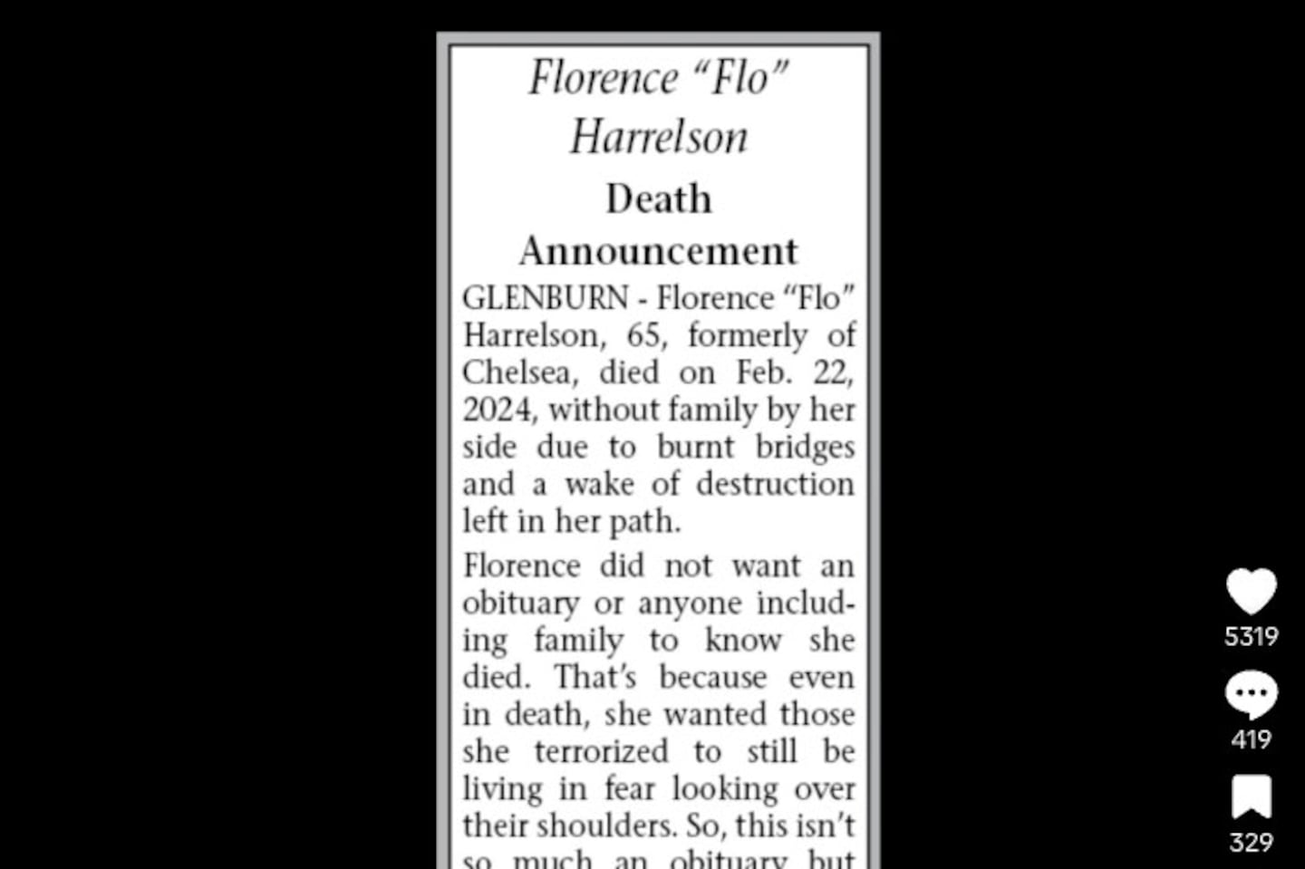 Christina Novak posting of the obituary for Florence "Flo" Harrelson.