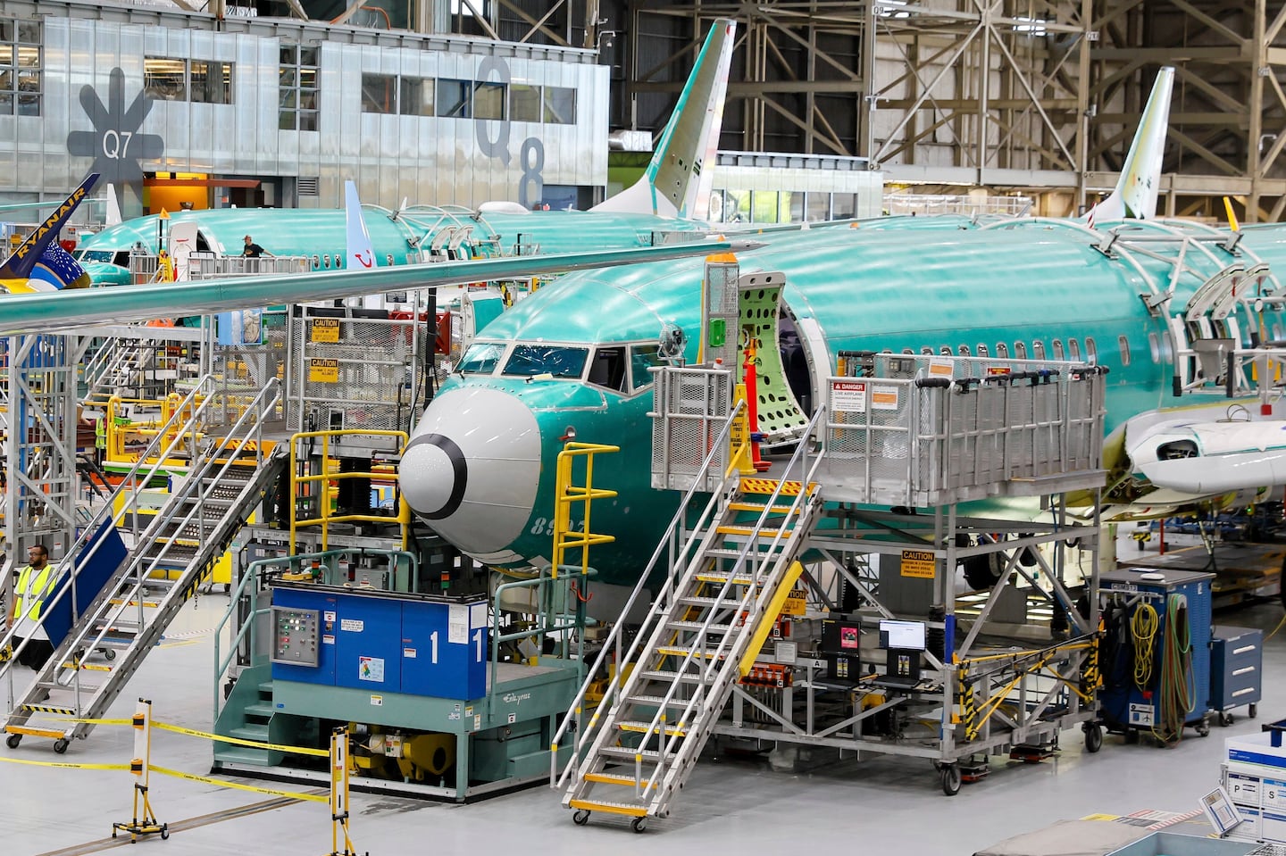 The assembly line for Boeing 737 MAX airplanes in Renton, Wash.