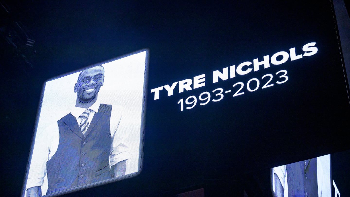 The screen at the Smoothie King Center in New Orleans honors Tyre Nichols before an NBA basketball game between the New Orleans Pelicans and the Washington Wizards, Jan. 28, 2023.