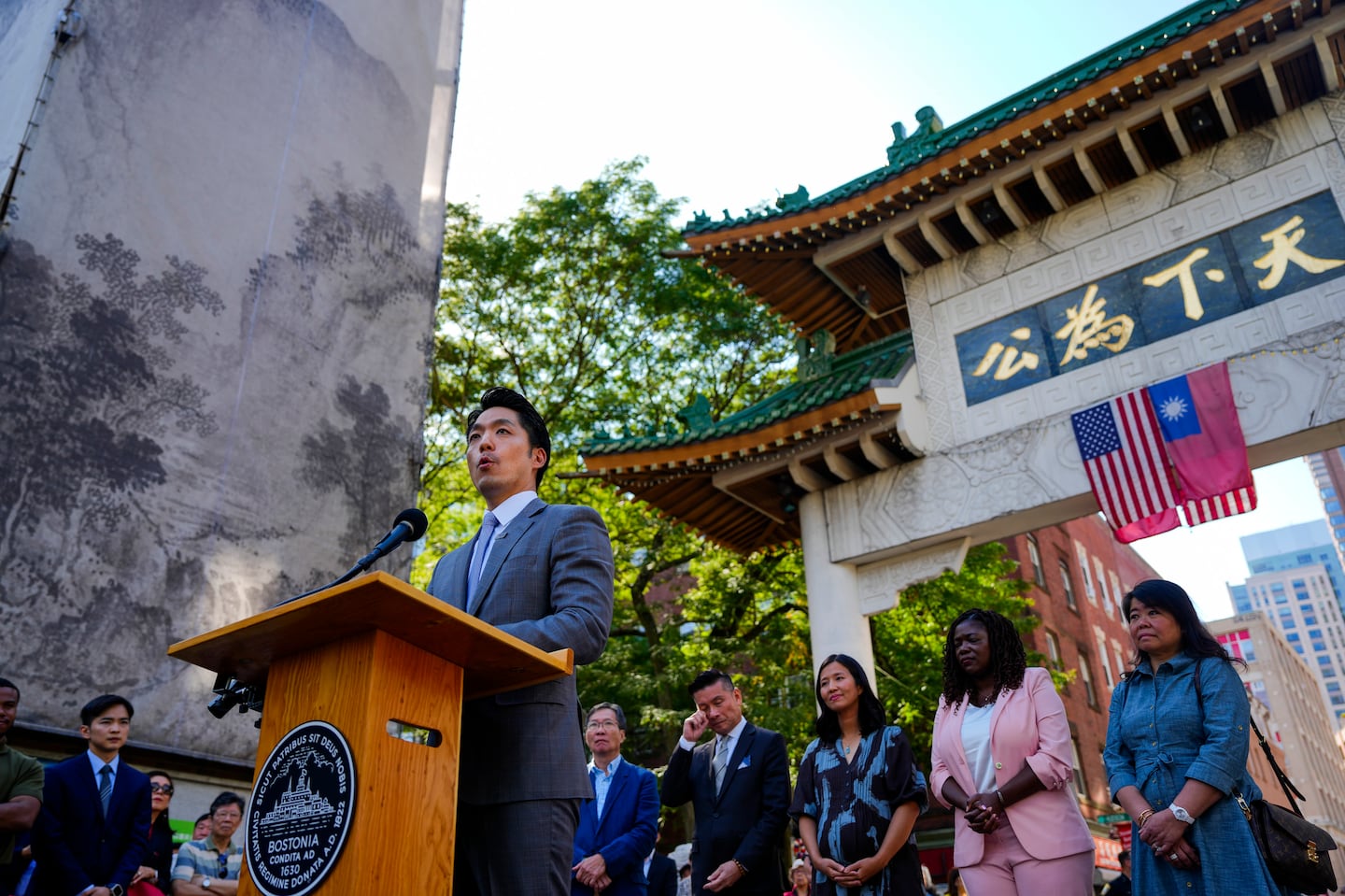 Mayor Wan-An Chiang of Taipei spoke after Mayor Michelle Wu welcomed him and members of the Taipei delegation to Chinatown in Boston on Sept. 9. The Chinatown Gate was donated to Boston by the government of Taiwan in 1982.