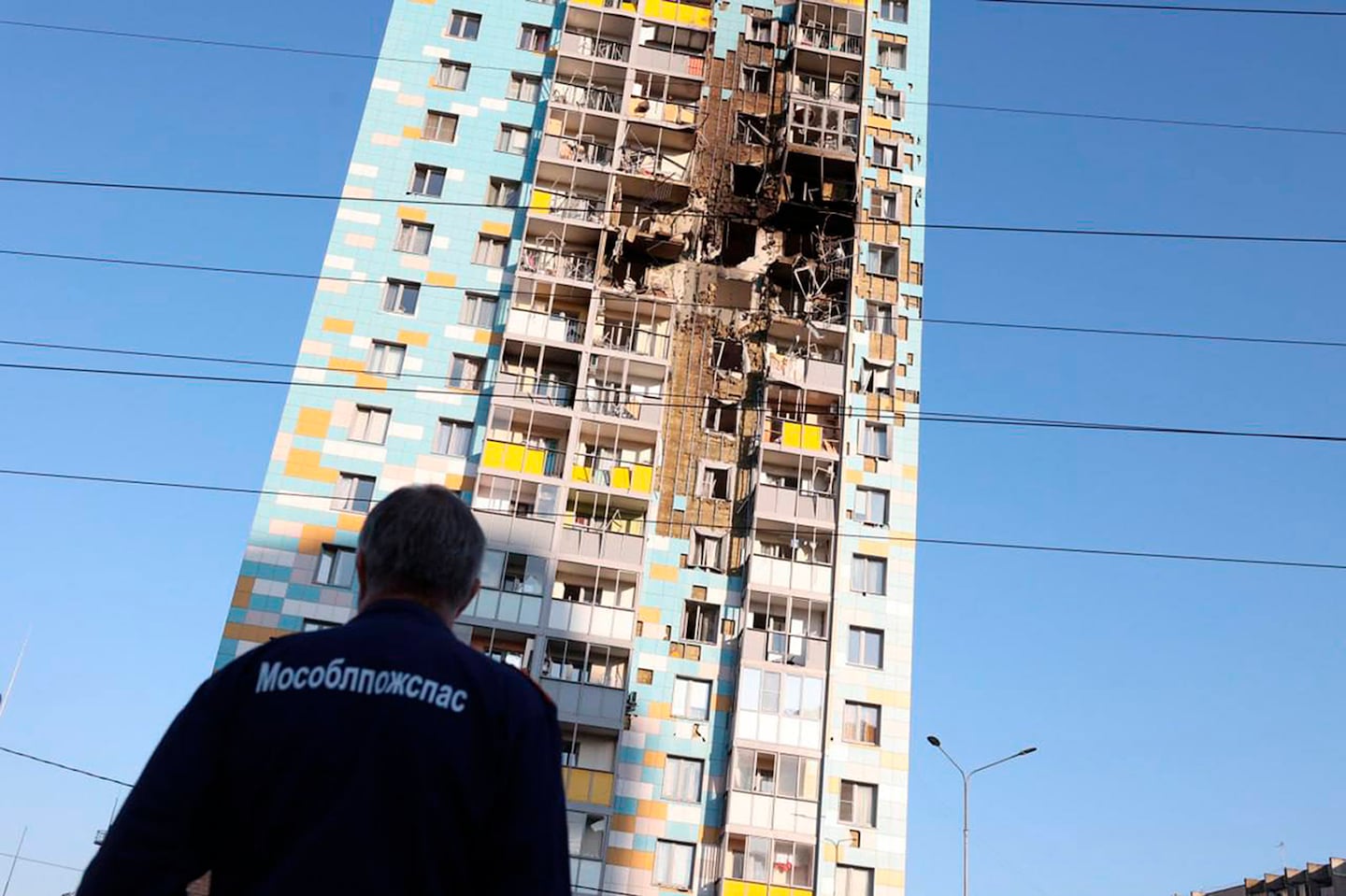 The site of a damaged multi-storey residential building following an alleged Ukrainian drone attack in Ramenskoye, outside Moscow, Russia, on Sept. 10.