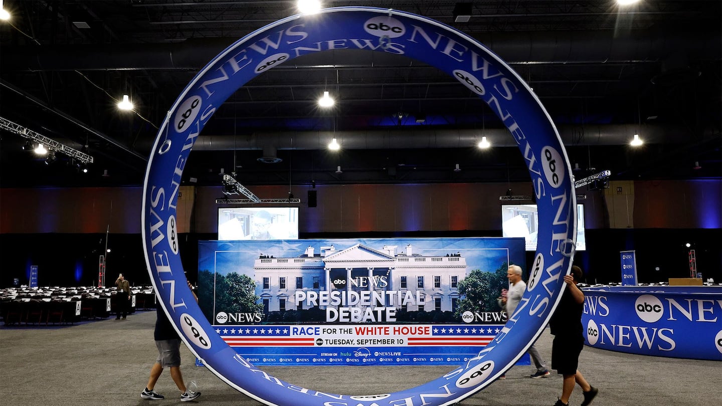 ABC News signage was installed in the media file center inside the Pennsylvania Convention Center before the presidential debate between Donald Trump and Kamala Harris.