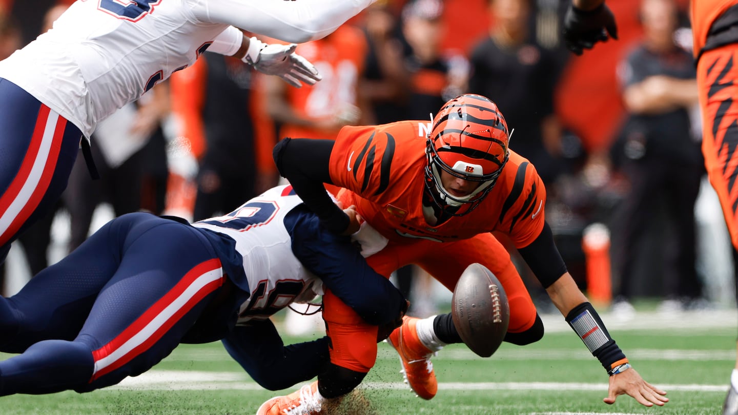 Keion White forced a fumble on one of his sacks against Cincinnati quarterback Joe Burrow.