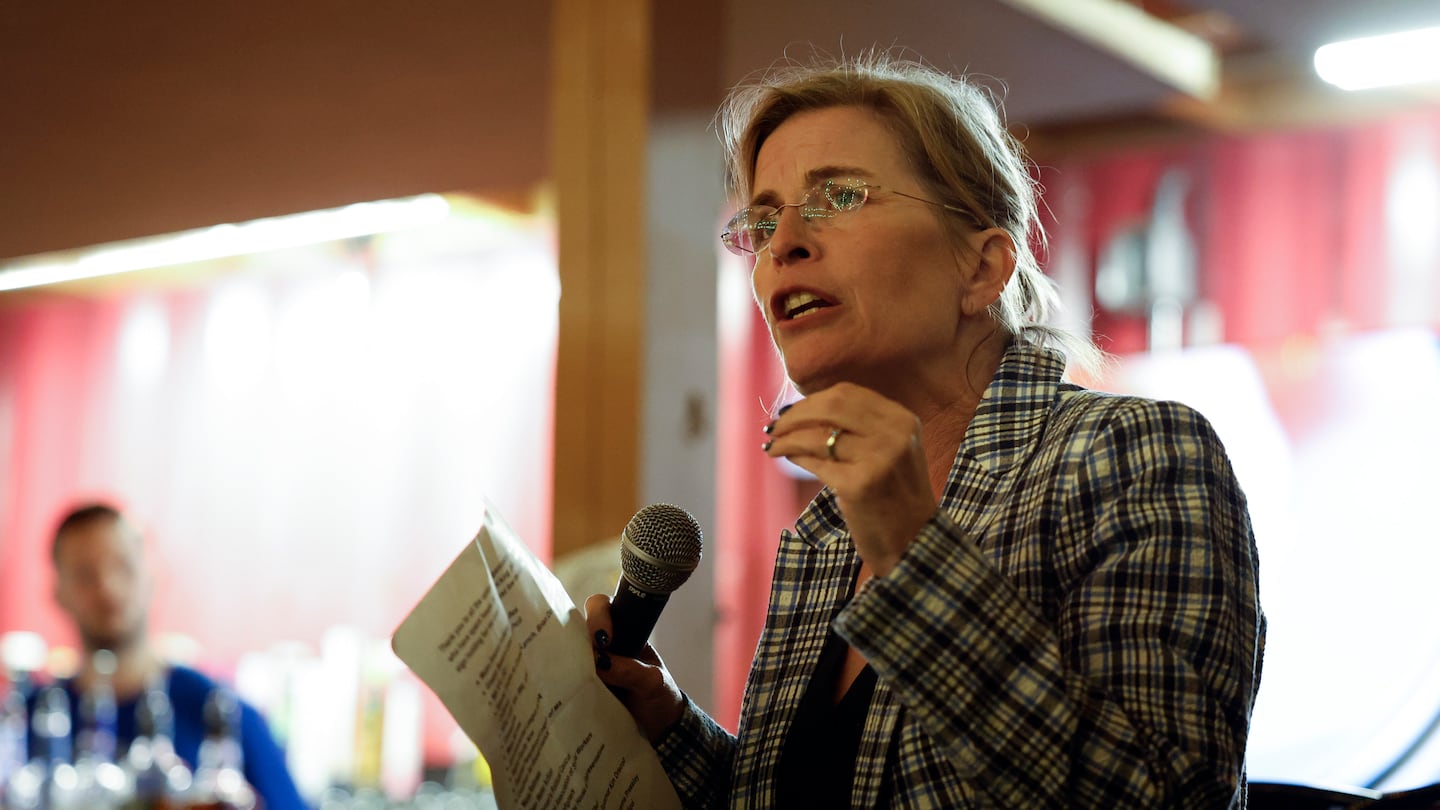 Marjorie Decker speaking on election night in Cambridge.