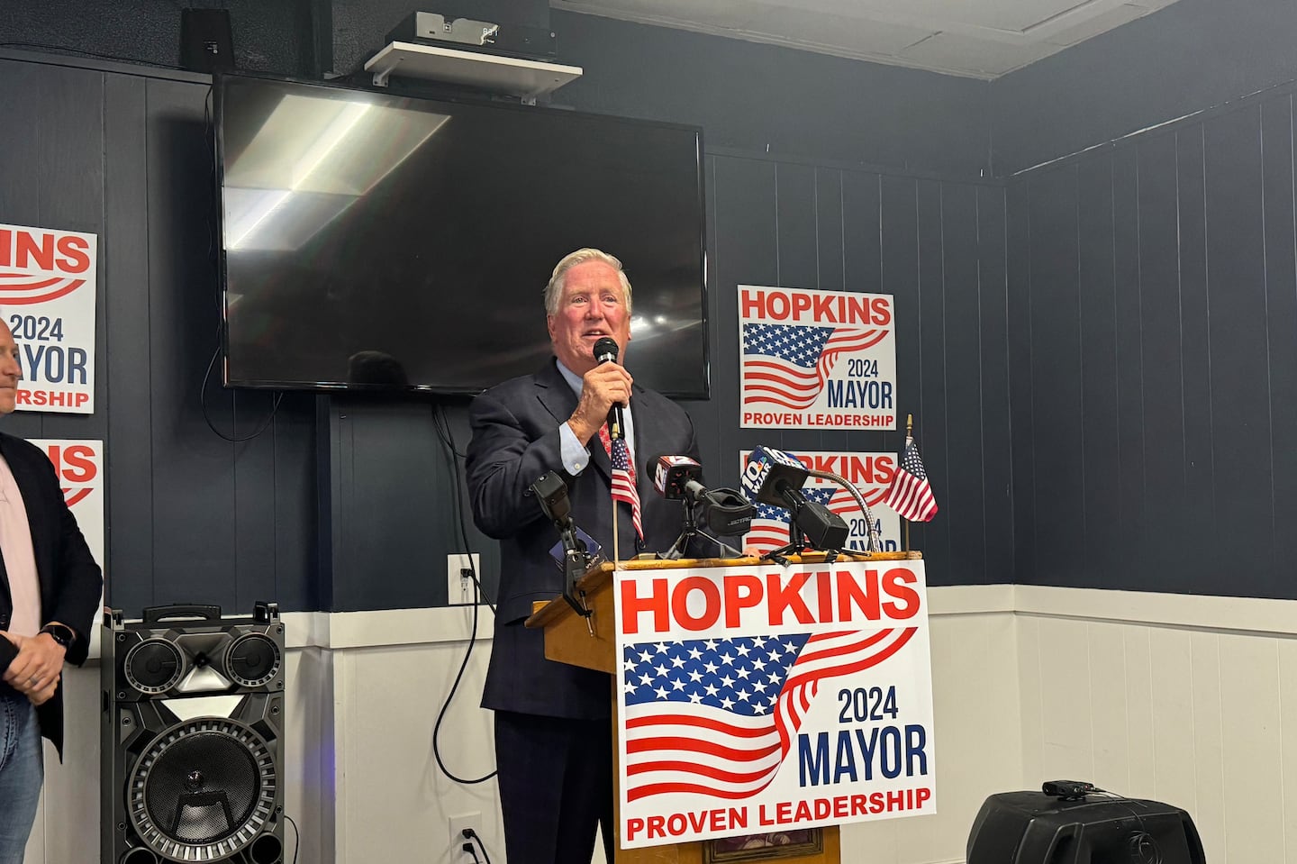 Cranston Mayor Kenneth J. Hopkins addresses supporters after winning Republican primary on Tuesday over state Representative Barbara Ann Fenton-Fung.