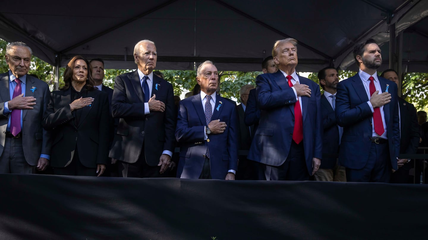 President Joe Biden and other political leaders attended a memorial ceremony on the 23rd anniversary of the Sept. 11, 2001 terror attacks, in Manhattan on Wednesday. From left: Senator Chuck Schumer (D-N.Y.); Vice President Kamala Harris; President Joe Biden; Mike Bloomberg, the former New York City mayor; former President Donald Trump and Senator JD Vance (R-Ohio).