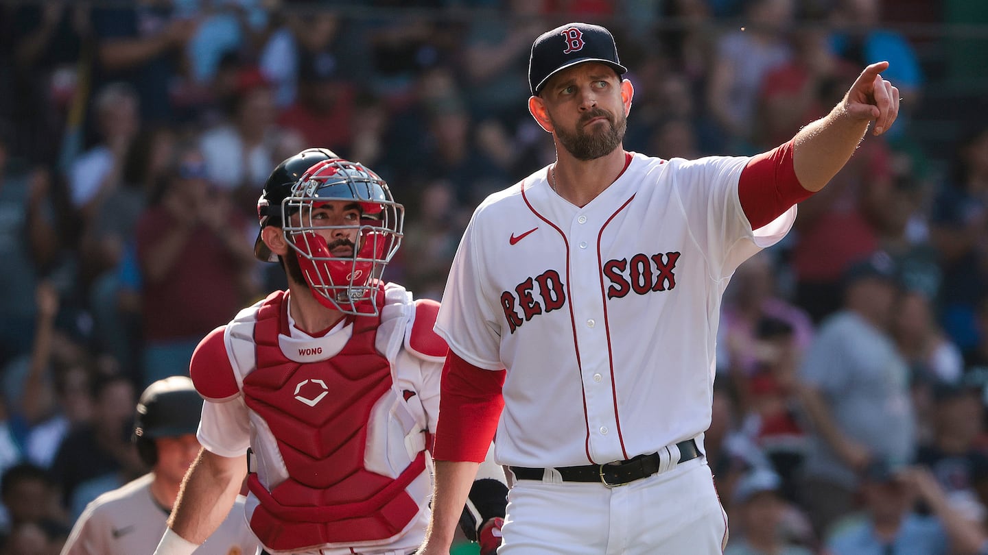 James Paxton points towards Alex Verdugo after an inning ending assist in the fourth inning on July 8, 2023.