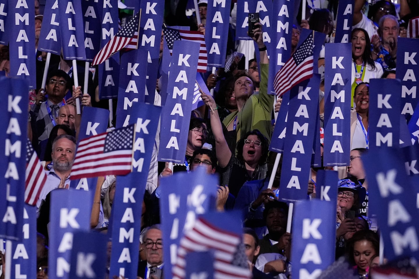 Delegates cheered as Democratic presidential nominee Kamala Harris spoke during the Democratic National Convention on Aug. 22 in Chicago.