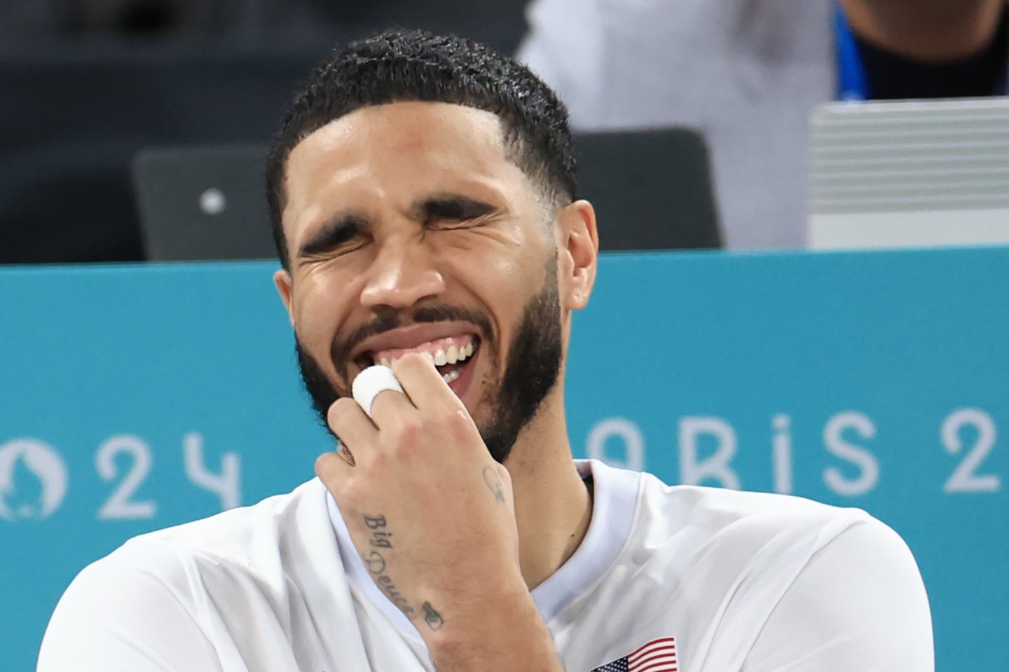 PARIS, FRANCE - AUGUST 06: Jayson Tatum #10 of Team United States reacts on the bench during the Men's Quarterfinal match between Team Brazil and Team USA on day eleven of the Olympic Games Paris 2024 at Bercy Arena on August 6, 2024 in Paris, France.  (Photo by Carmen Mandato/Getty Images)