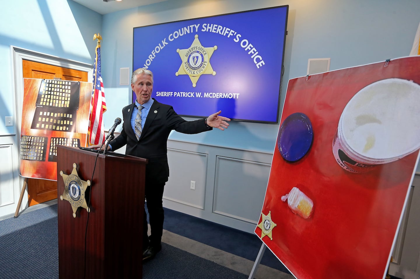 Norfolk County Sheriff Patrick McDermott announced charges against five people in a drug operation at the agency’s Dedham facility on Thursday.