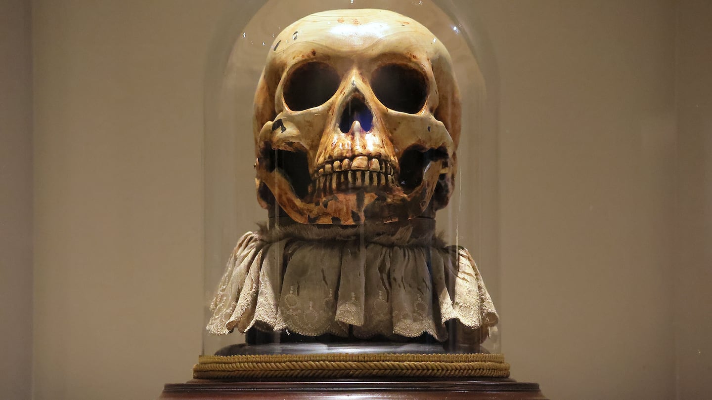 Replica of "Balsamo, the Living Skull," after Joseph P. Freud and John Gaughan, on display in "Conjuring the Spirit World: Art, Magic, and Mediums," a new exhibit at the Peabody Essex Museum in Salem.