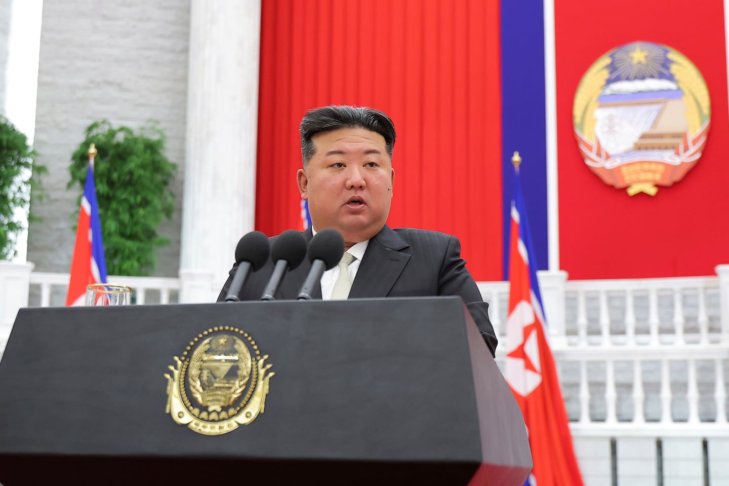 In this photo provided by the North Korean government, North Korean leader Kim Jong Un delivers a speech, marking the country's 76th founding anniversary in Pyongyang, North Korea on Sept. 9.