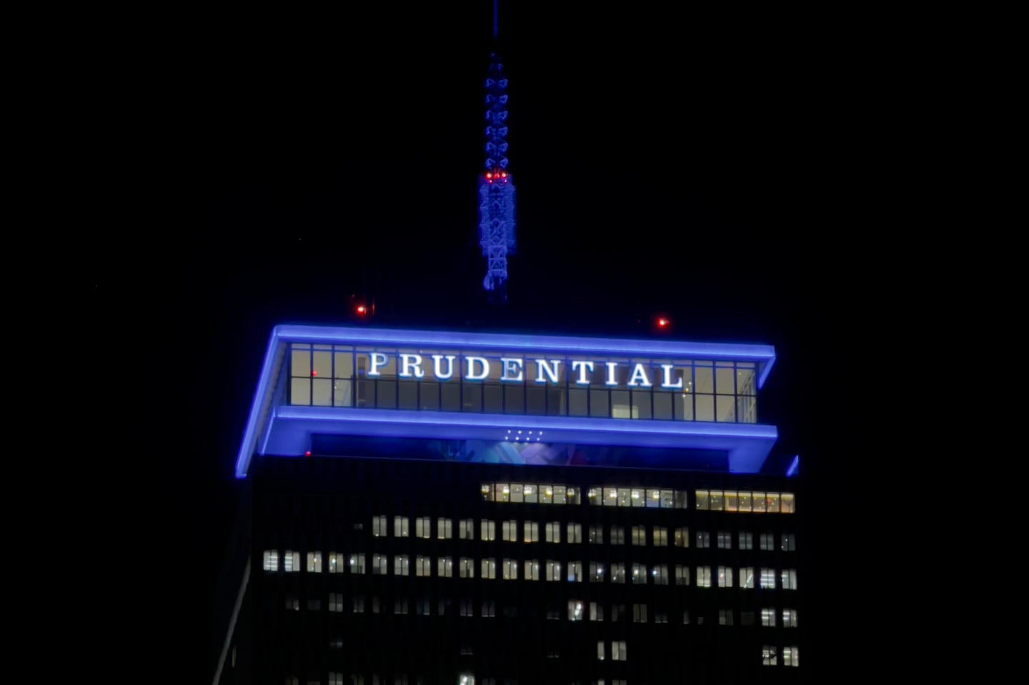 The Prudential Tower was among eight buildings that were lit up in blue on Sept. 11 in a show of solidarity with New York.