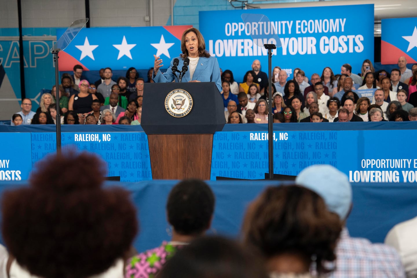 Vice President and Democratic presidential candidate Kamala Harris speaks at the Hendrick Center for Automotive Excellence on the Scott Northern Wake Campus of Wake Tech Community College in Raleigh, NC, on Friday.