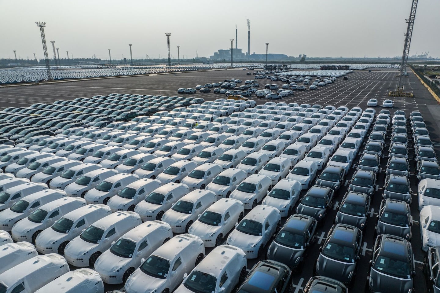 Electric vehicles bound for shipment at a port in Jiangsu Province, China.