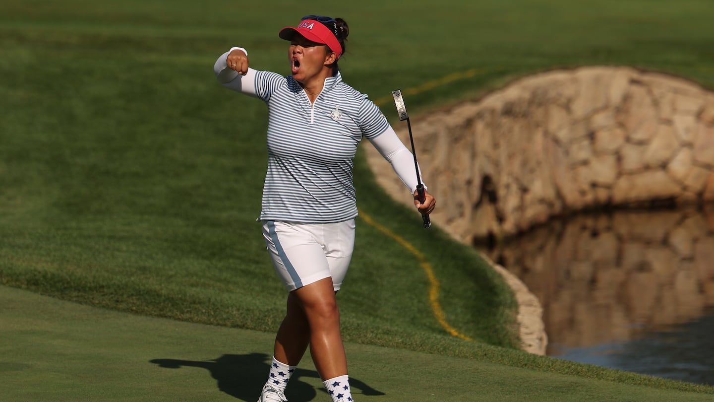 Rockland's Megan Khang was pumped up after nailing her putt on the 15th hole to close out her better ball match with Allison Lee, defeating Europe's Anna Nordqvist and Madelene Sagstrom, 4 and 3, Saturday afternoon in Day 2 of the Solheim Cup at Robert Trent Jones Golf Club in Gainesville, Va.