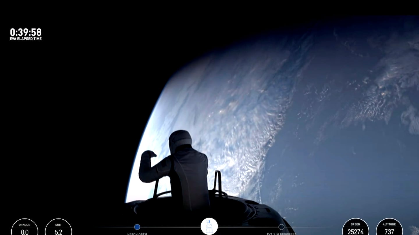 This image made from a SpaceX video shows the start of the first private spacewalk led by tech billionaire Jared Isaacman on Sept. 12.