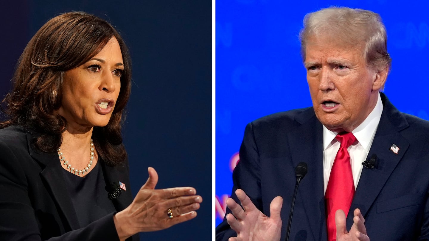 Vice President Kamala Harris speaks during a debate, Oct. 7, 2020, in Salt Lake City, left, and former president Donald Trump speaks during a debate, June 27, 2024, in Atlanta.