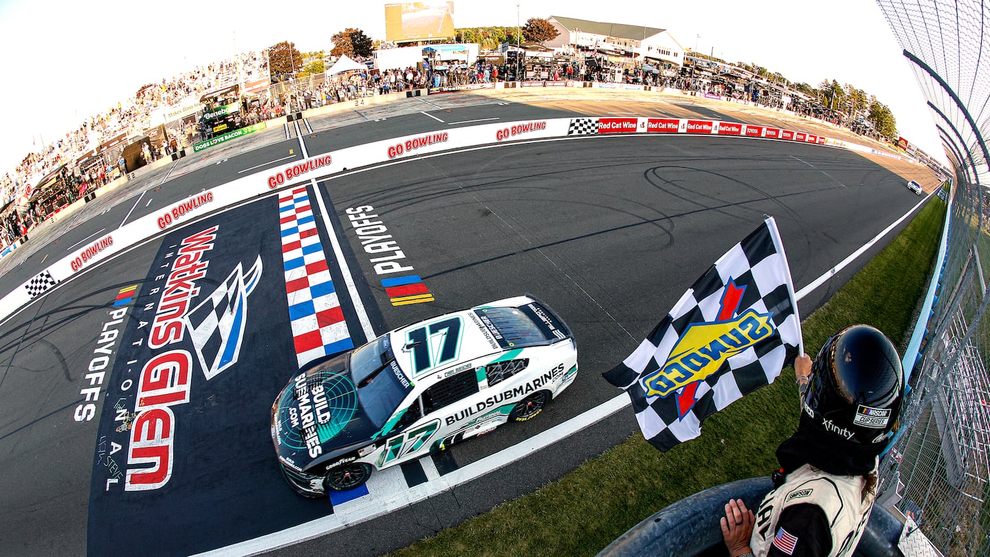 Chris Buescher, driver of the No. 17 BuildSubmarines.com Ford, takes the checkered flag to win the NASCAR Cup Series Go Bowling at The Glen at Watkins Glen International in New York.