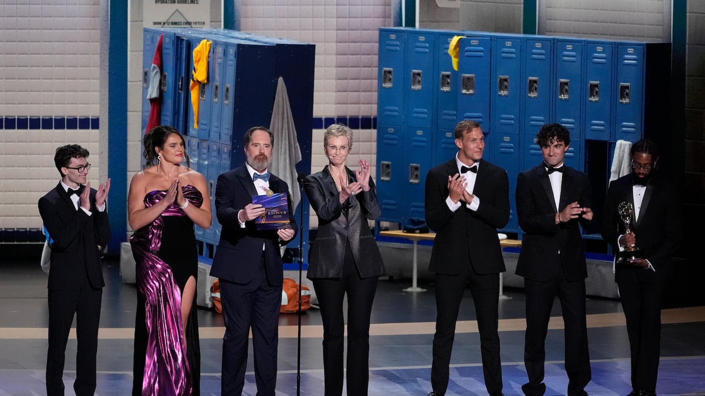 From left: Stephen Nedoroscik, Ilona Maher, Brendan Hunt, Jane Lynch, Caeleb Dressel, and Ezra Frech presented the award for outstanding directing for a drama series during the 76th Primetime Emmy Awards on Sunday at the Peacock Theater in Los Angeles.