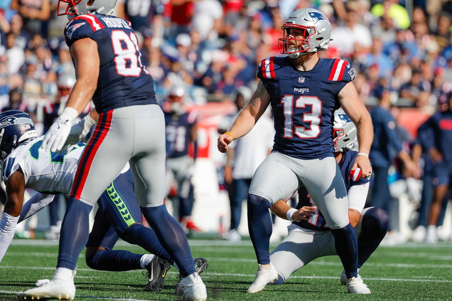 Patriots kicker Joey Slye's 48-yard field goal attempt was blocked in the fourth quarter.