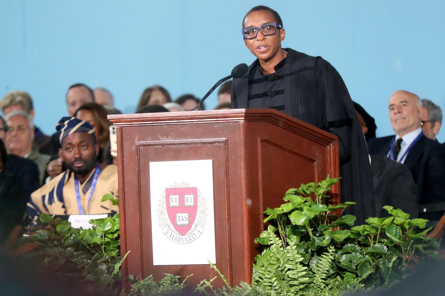 Claudine Gay on stage in Harvard Yard on Sept. 29, 2023, at her inauguration as Harvard University's 30th president.