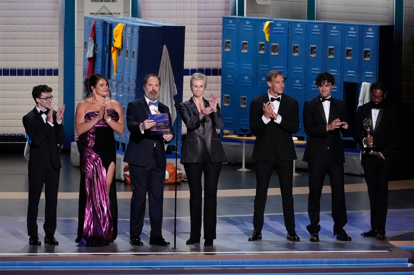 From left: Stephen Nedoroscik, Ilona Maher, Brendan Hunt, Jane Lynch, Caeleb Dressel, and Ezra Frech presented the award for outstanding directing for a drama series during the 76th Primetime Emmy Awards on Sunday at the Peacock Theater in Los Angeles.