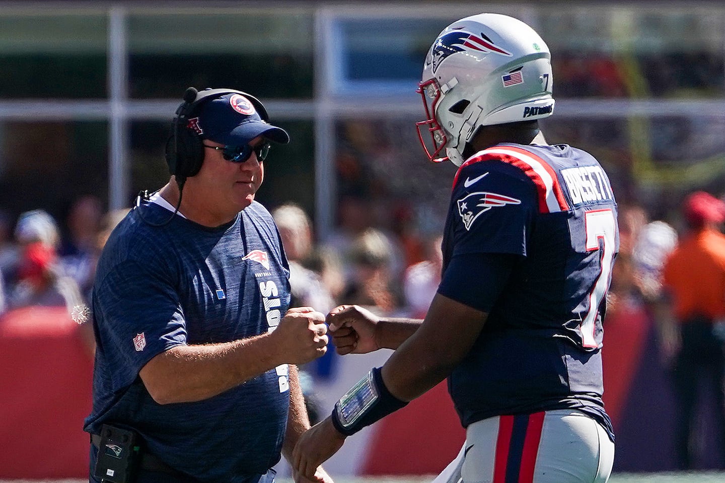 Patriots quarterback Jacoby Brissett (right) and new offensive coordinator Alex Van Pelt need to get more production out of the passing game, and fast, because the margin for error in their run-heavy attack is razor thin.