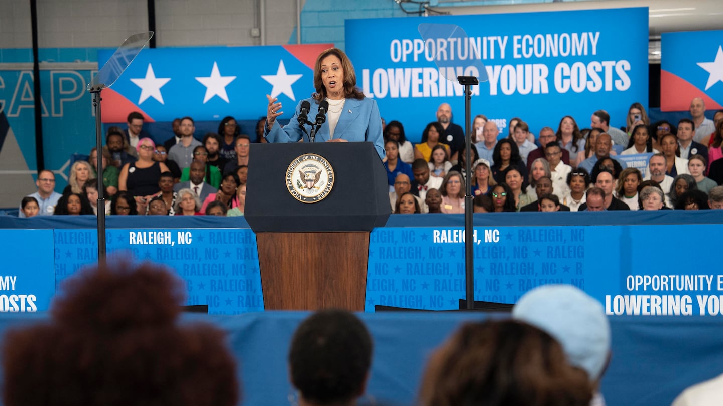 Vice President and Democratic presidential candidate Kamala Harris speaks at the Hendrick Center for Automotive Excellence on the Scott Northern Wake Campus of Wake Tech Community College in Raleigh, NC, on Friday.