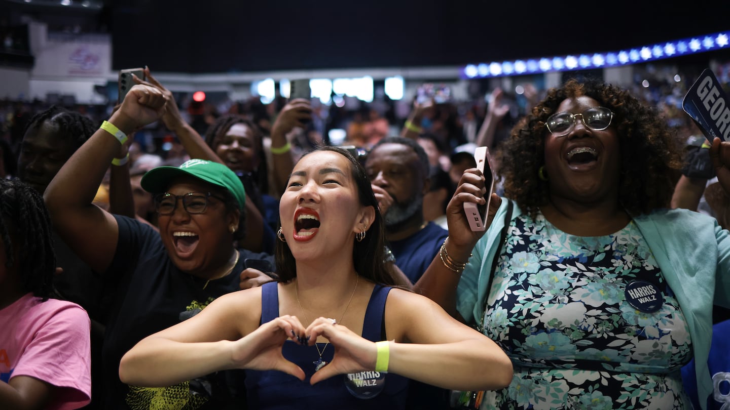 Supporters reacted as Democratic presidential nominee Vice President Kamala Harris spoke at a campaign rally at the Enmarket Arena Aug. 29 in Savannah, Ga.