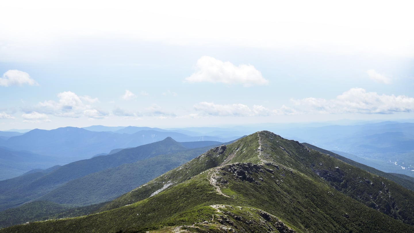 Appalachian Trail on sunny day, White Mountains Franconia Ridge, New Hampshire.