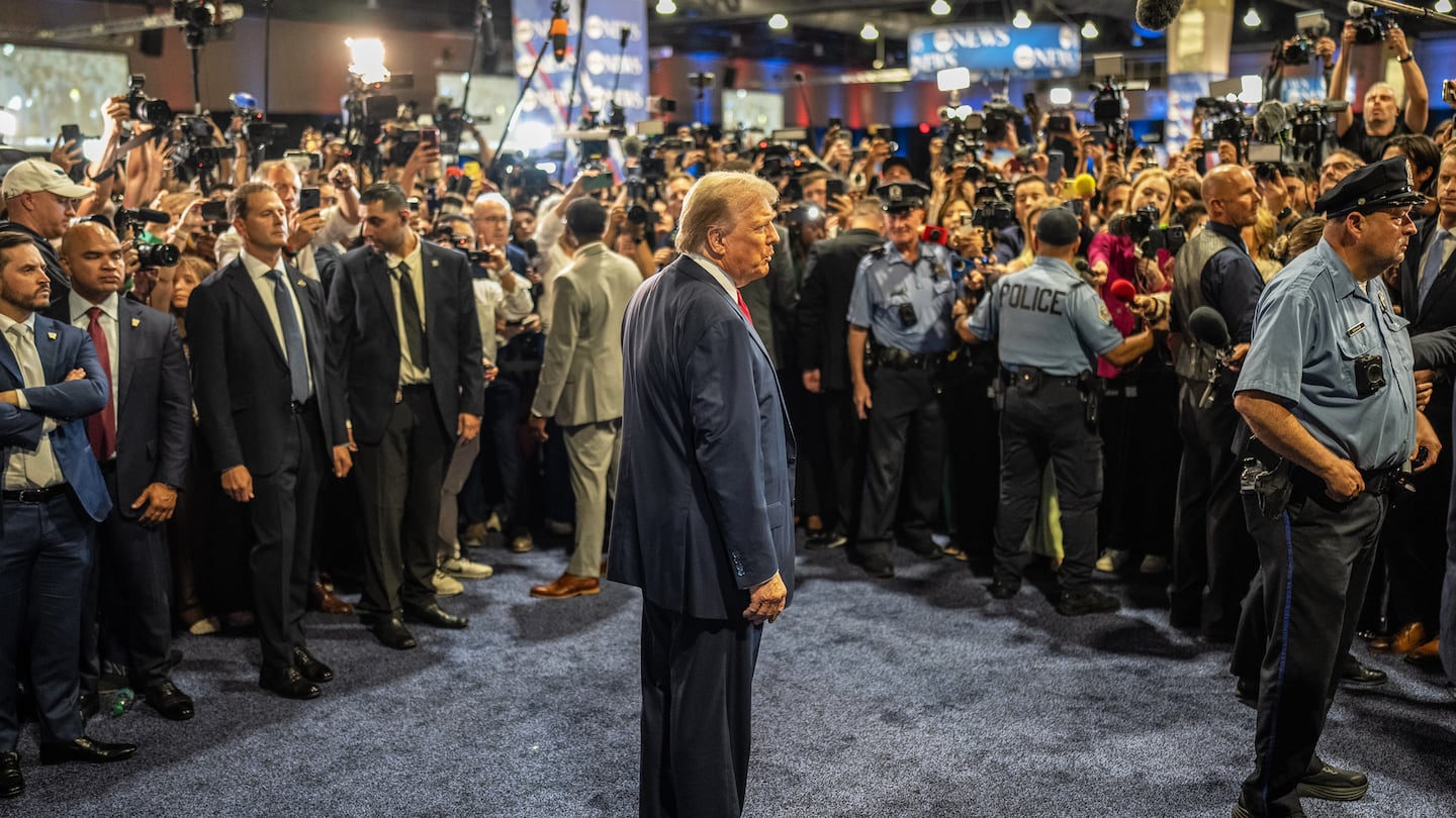 Donald Trump spoke to reporters in the spin room following the debate Tuesday in Philadelphia.