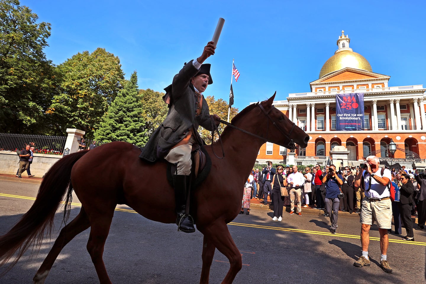 Paul Revere, played by Richard Reale Jr., brigadier general of the National Lancers, arrived at the State House to kick off Massachusetts 250, a tourism initiative celebrating the 250th anniversary of the American Revolution.