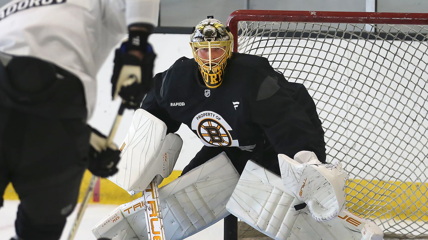 Joonas Korpisalo, acquired in June, was between the pipes as the Bruins had their first skate of training camp Thursday.